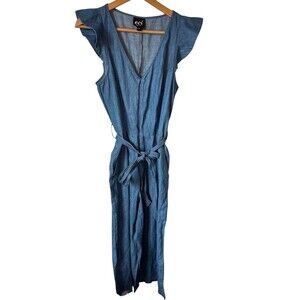 ECI Chambray Denim Jumpsuit Blue Size 8 Belted Front Zip Ruffled Sleeve Wide Leg
